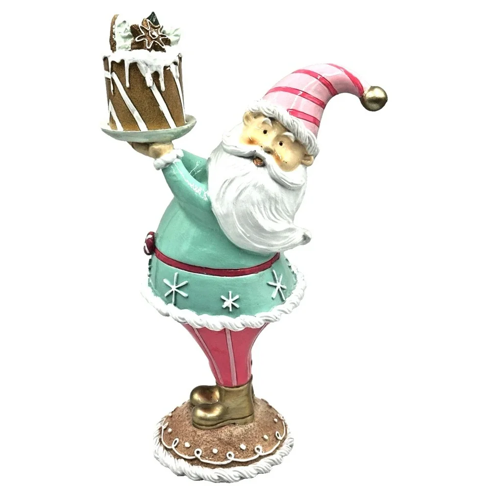 Peppermint Square Santa Figurine Holding Cake Figurine Pink Mint Christmas Decor